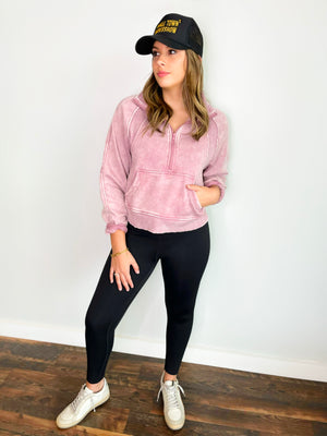 Brenna Acid Wash Half Zip Pullover | Light Rose