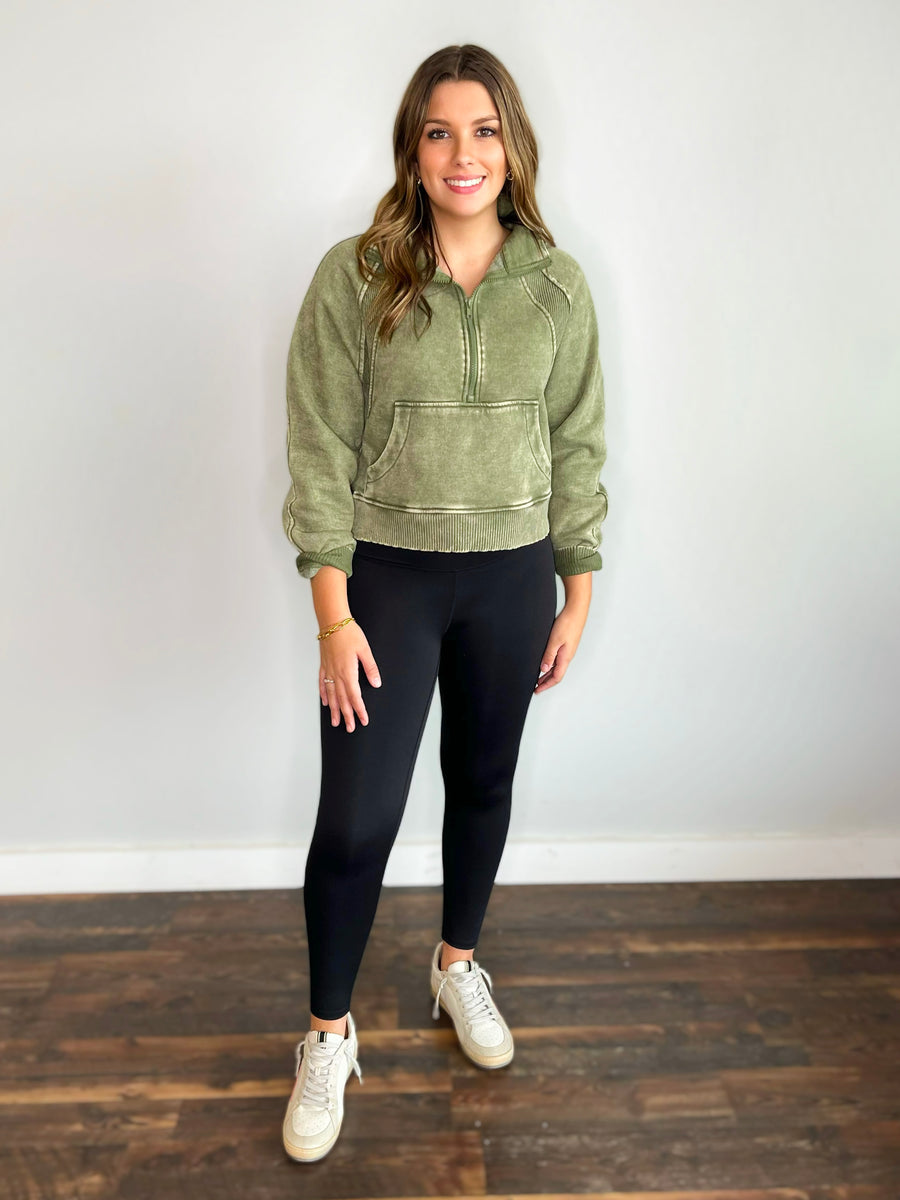 Brenna Acid Wash Half Zip Pullover | Light Olive