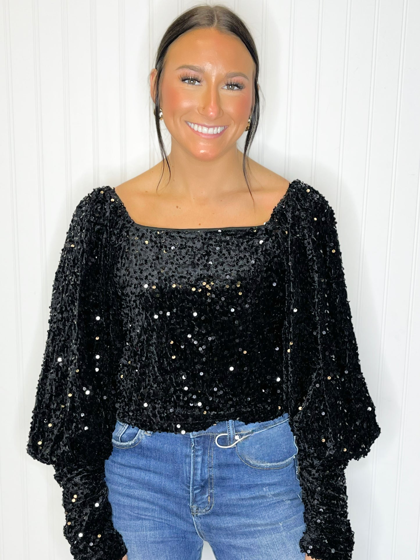 Georgie Sequin Velvet Puff Sleeve Top -Black