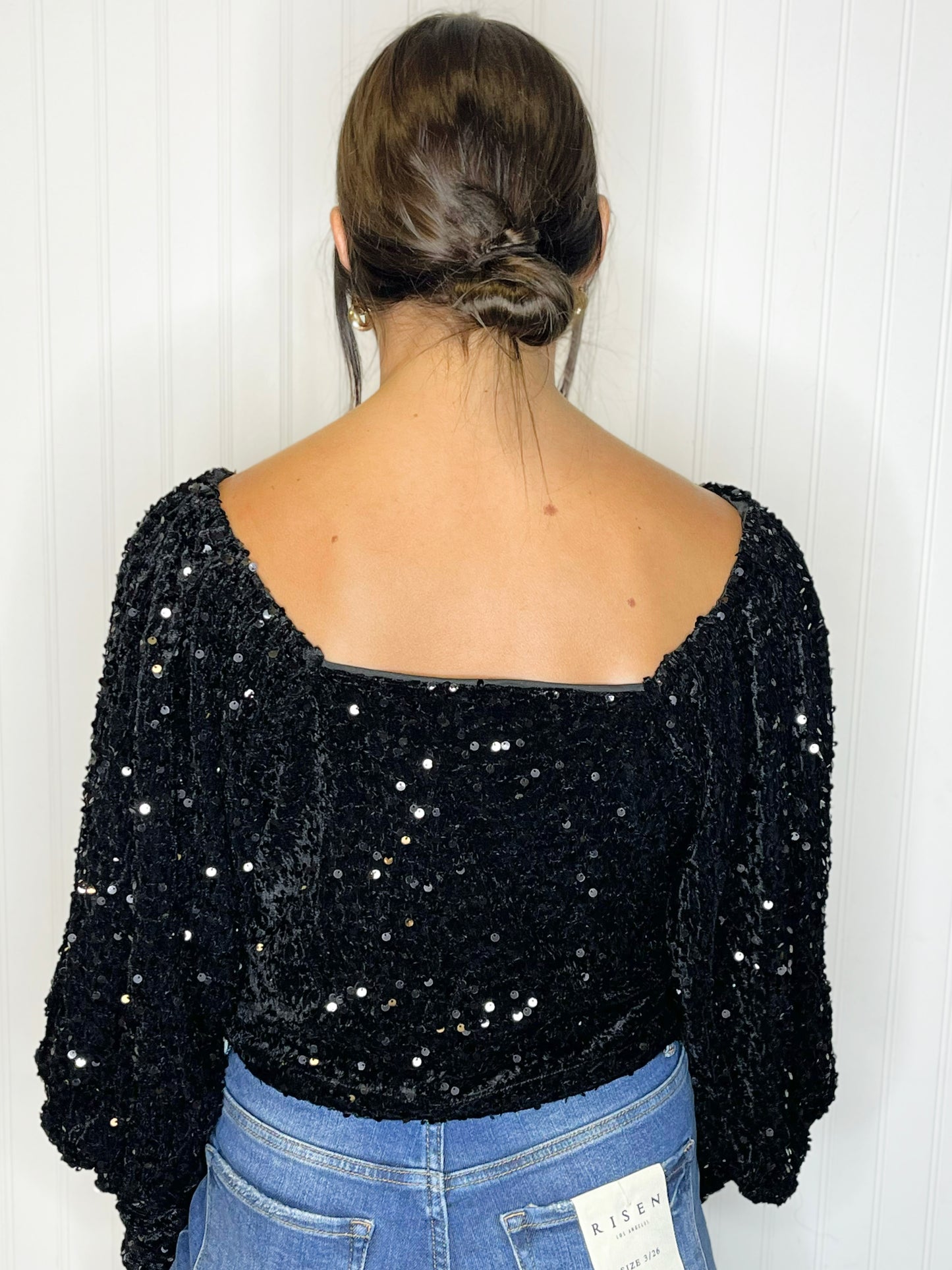 Georgie Sequin Velvet Puff Sleeve Top -Black