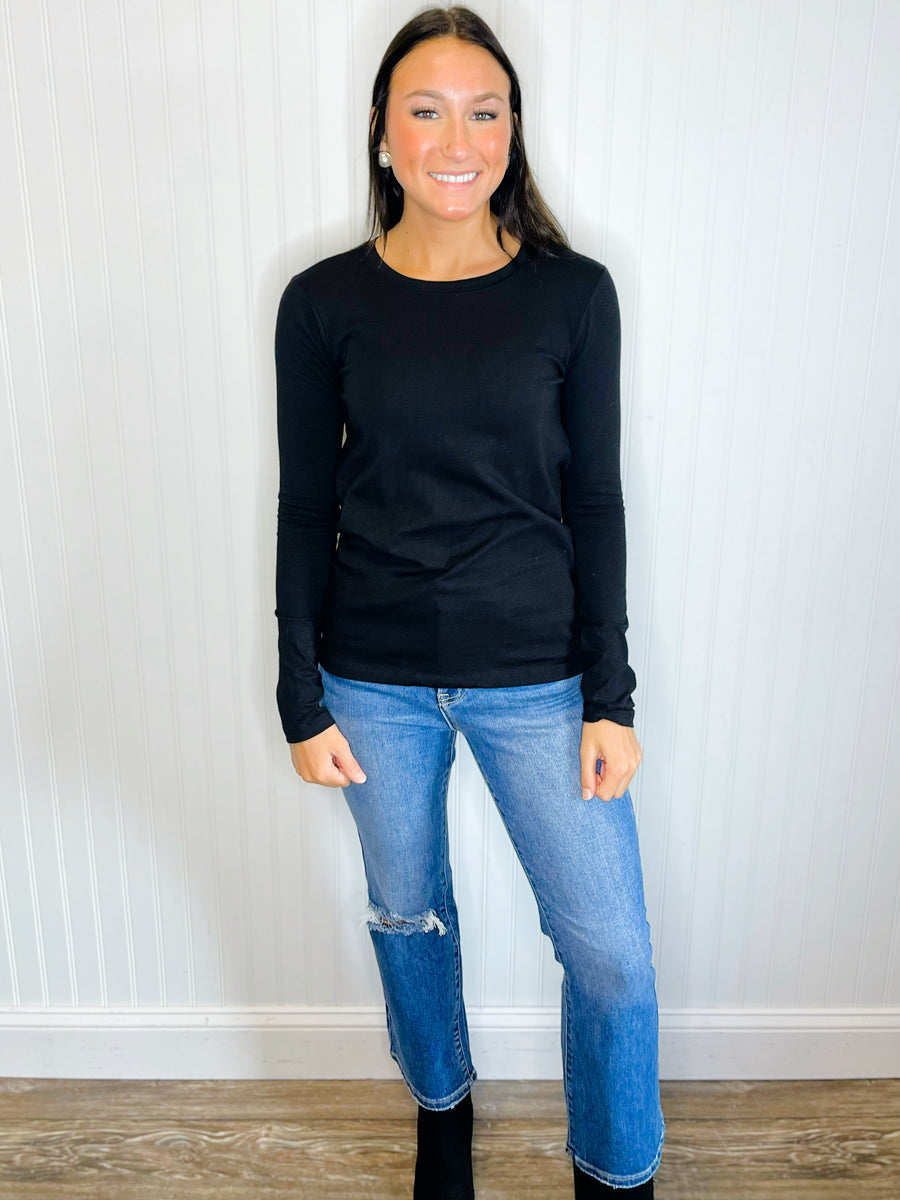 Jerri Cotton Long Sleeve Basic Top -Black