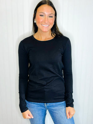 Jerri Cotton Long Sleeve Basic Top -Black