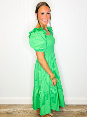 Adeline Smocked Midi Dress | Kelly Green