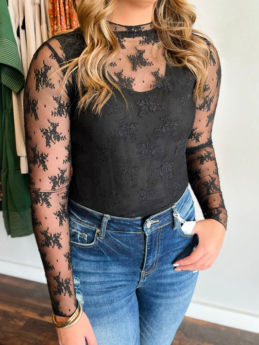 Campbell Sheer Mesh Lace Knit Top | Black