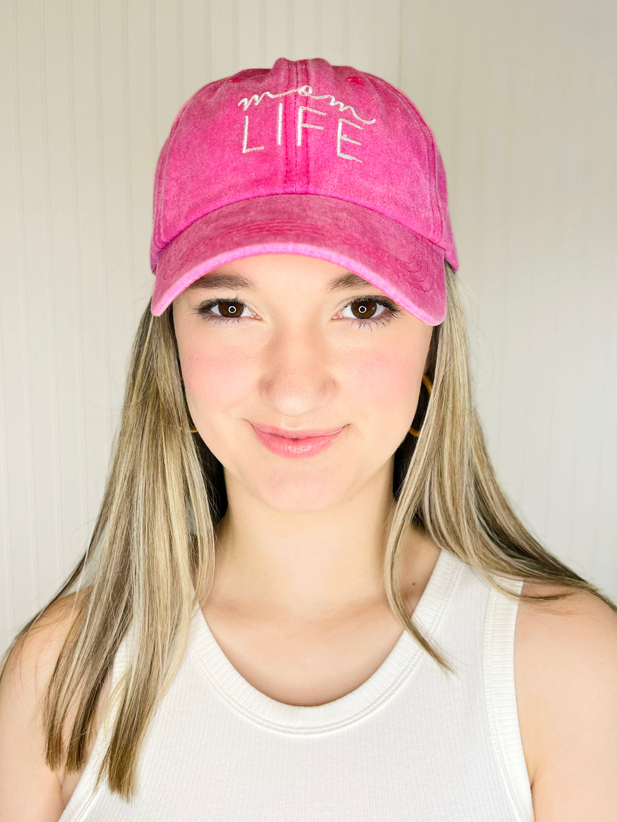 Mom Life Embroidered Hat | Washed Fuchsia