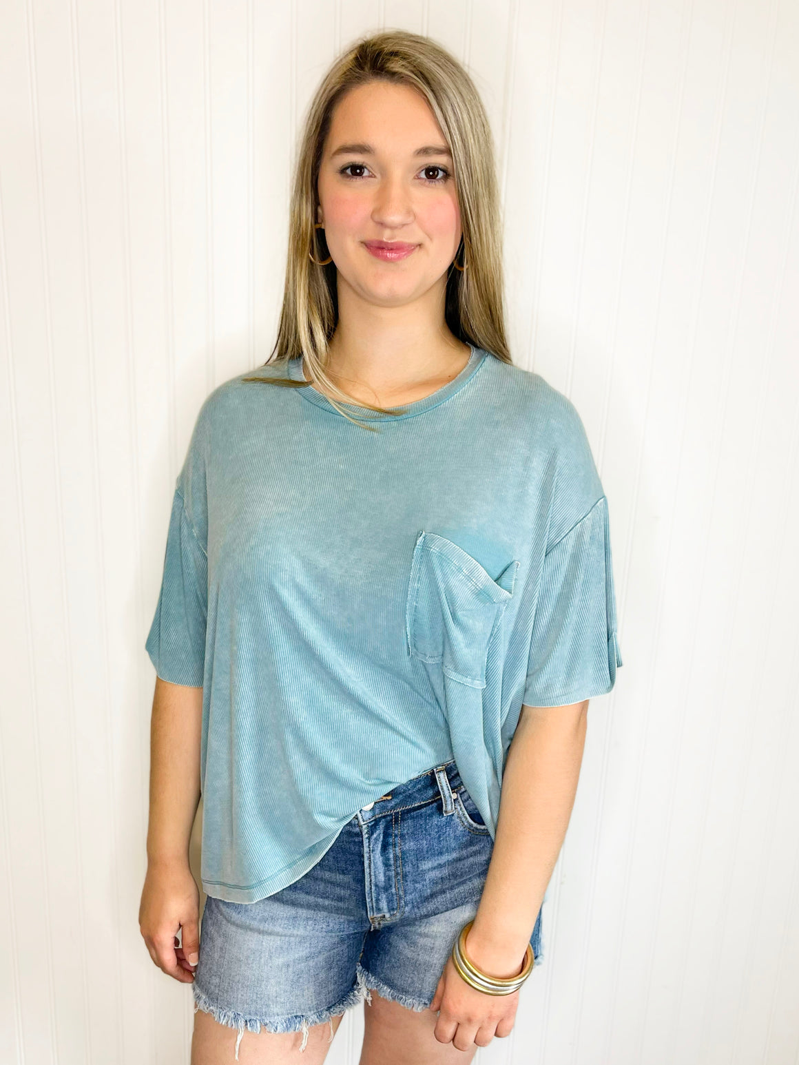 Lilah Ribbed Loose Fit Top | Dusty Teal