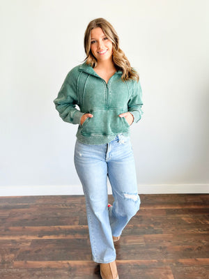 Brenna Acid Wash Half Zip Pullover | Dark Green