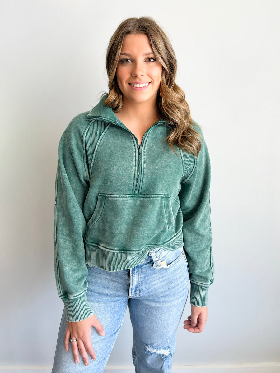 Brenna Acid Wash Half Zip Pullover | Dark Green