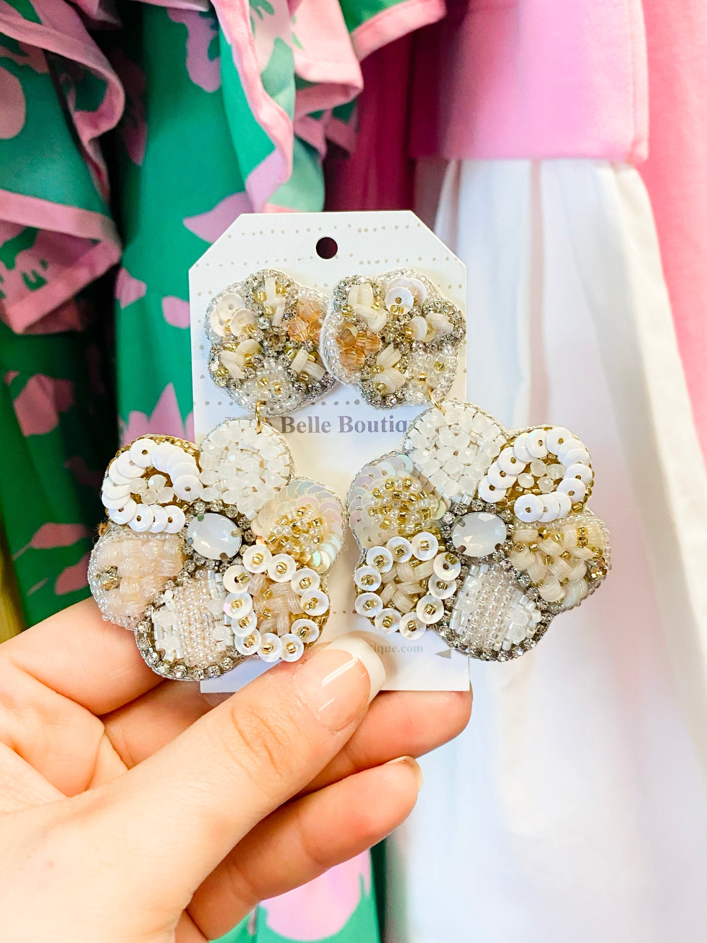 Harlow 2-Tiered Sequin & Bead Flower Earrings | White