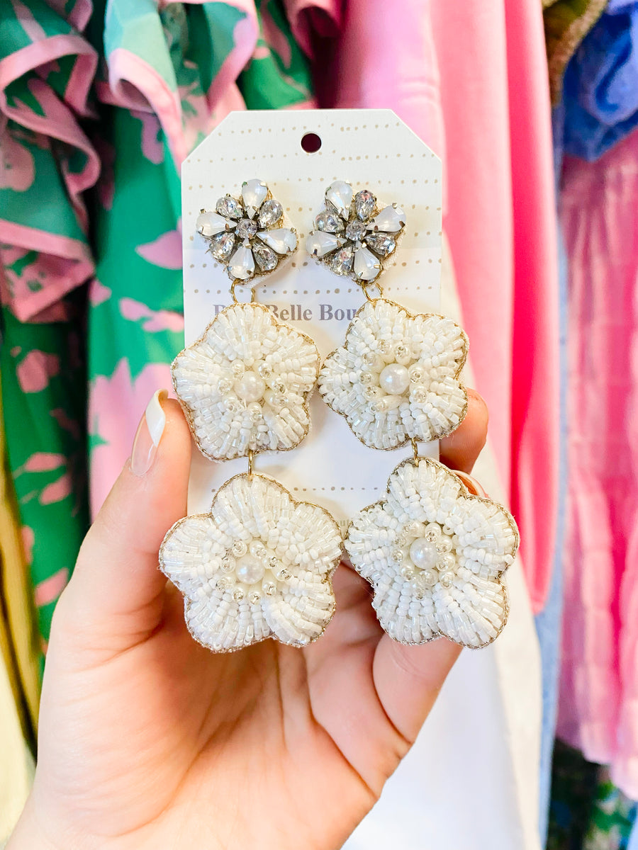 Phoenix 3-Tiered Sequin & Bead Flower Earrings | White