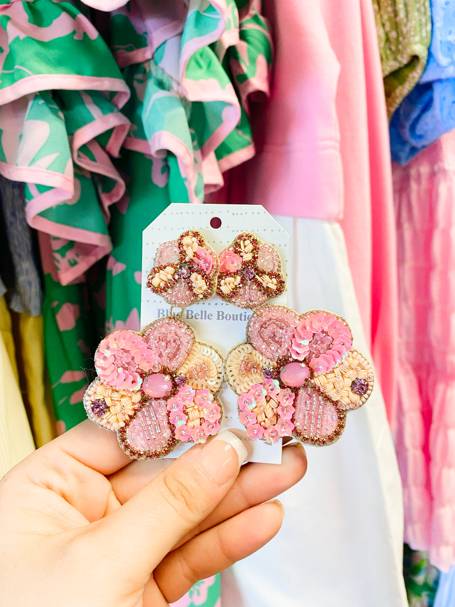 Harlow 2-Tiered Sequin & Bead Flower Earrings | Pink