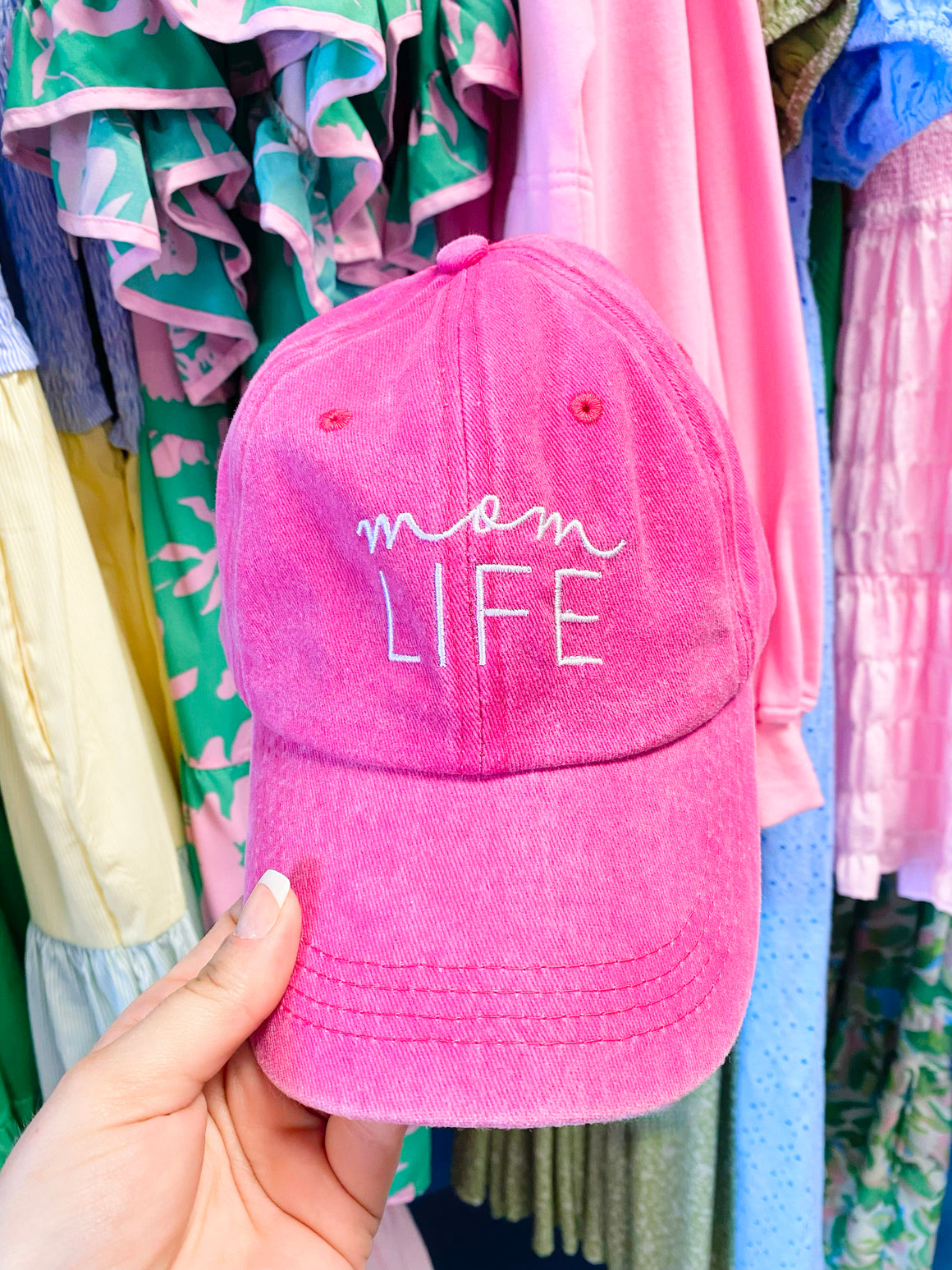 Mom Life Embroidered Hat | Washed Fuchsia