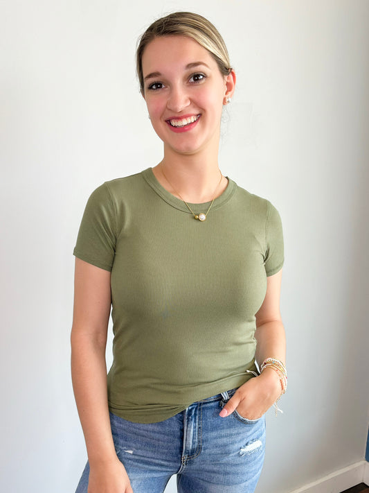 Laura Basic Ribbed Tee | Light Olive