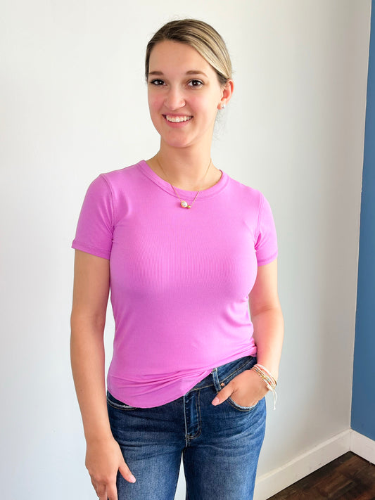 Laura Basic Ribbed Tee | Bright Mauve
