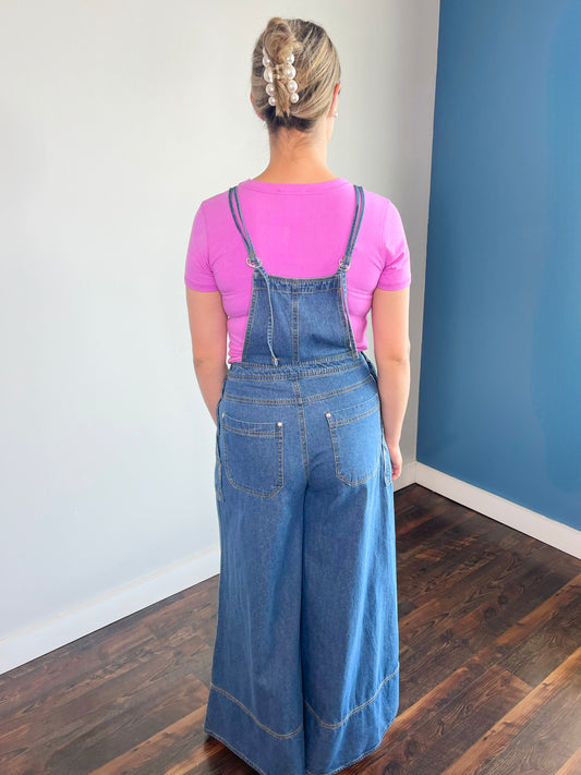 Cora Wide Leg Denim Overall Jumpsuit