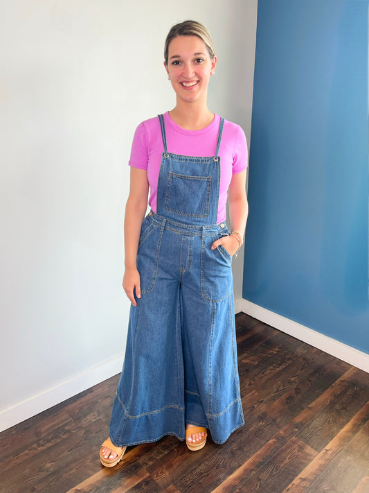 Cora Wide Leg Denim Overall Jumpsuit