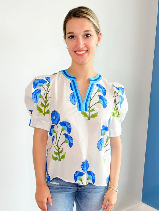 Lindsey Puff Sleeve Floral Top | White