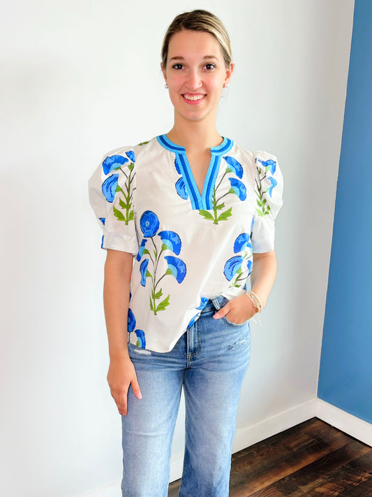 Lindsey Puff Sleeve Floral Top | White