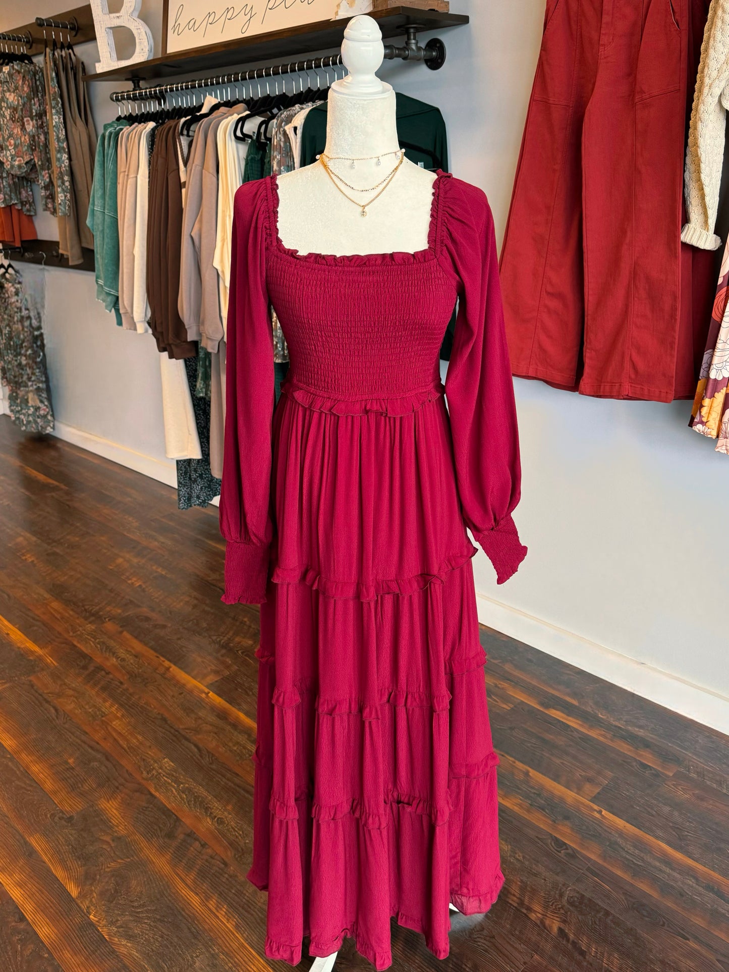 Joan Smocked Tiered Maxi Dress | Cherry Merlot