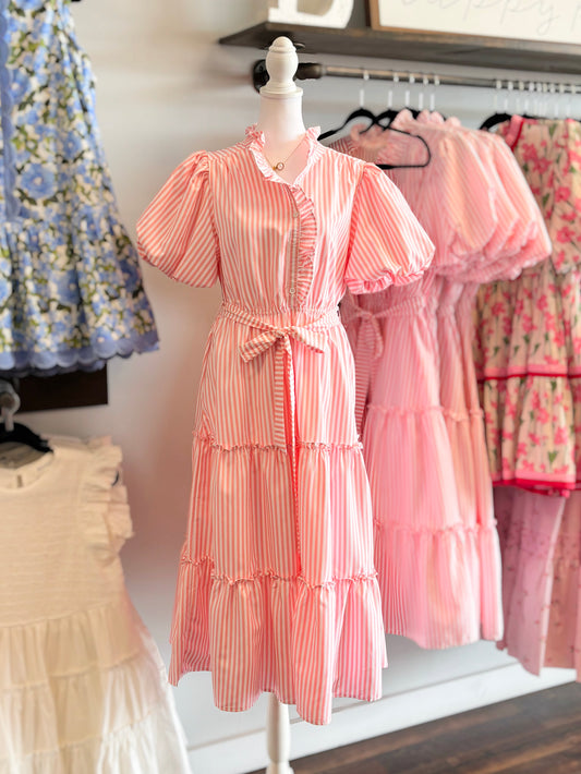Megan Stripped Ruffle Button-Down Dress | Rose Pink