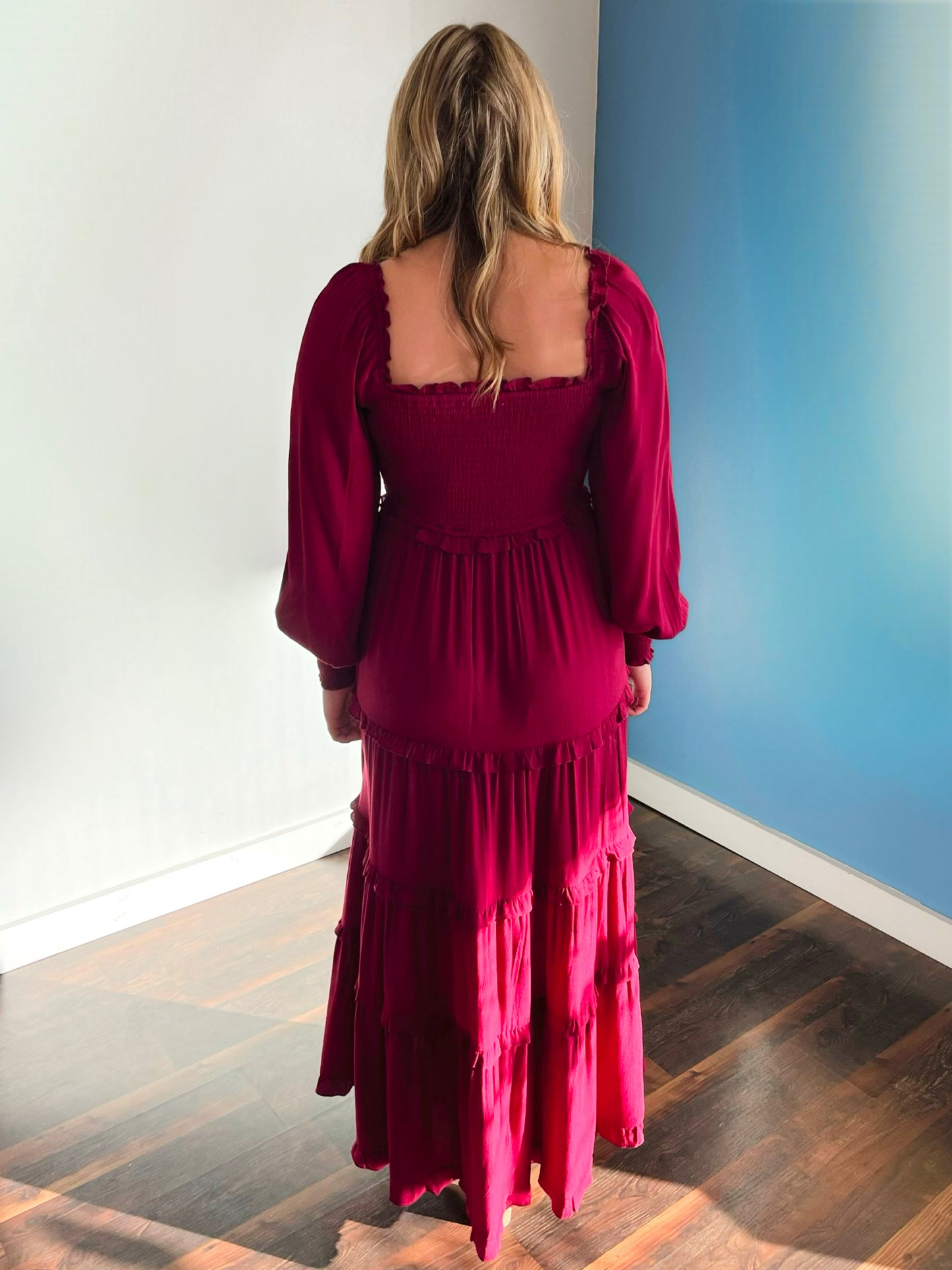 Joan Smocked Tiered Maxi Dress | Cherry Merlot