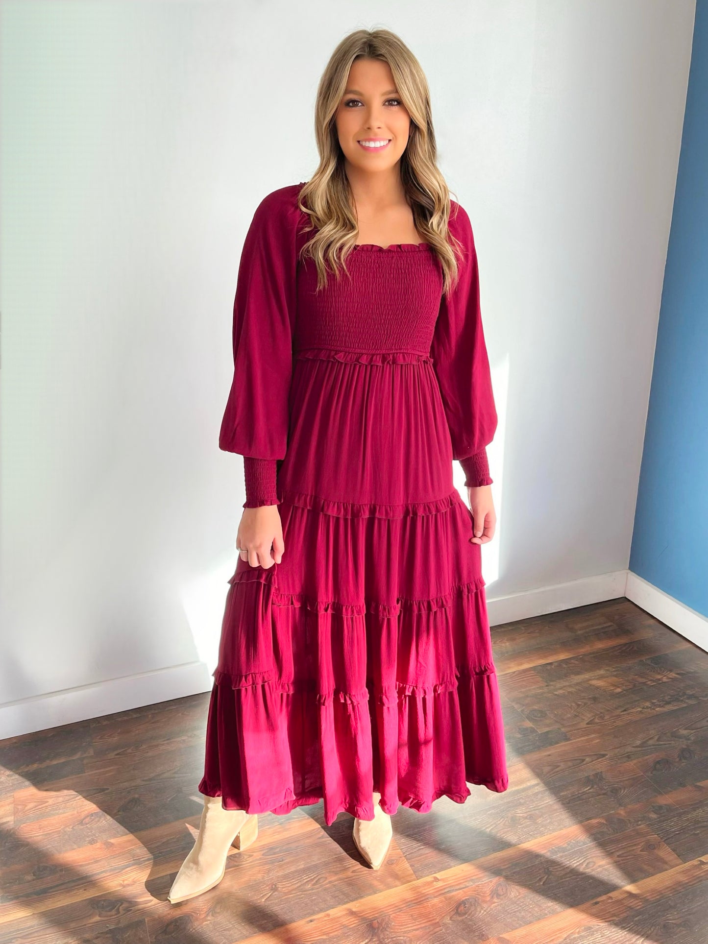 Joan Smocked Tiered Maxi Dress | Cherry Merlot