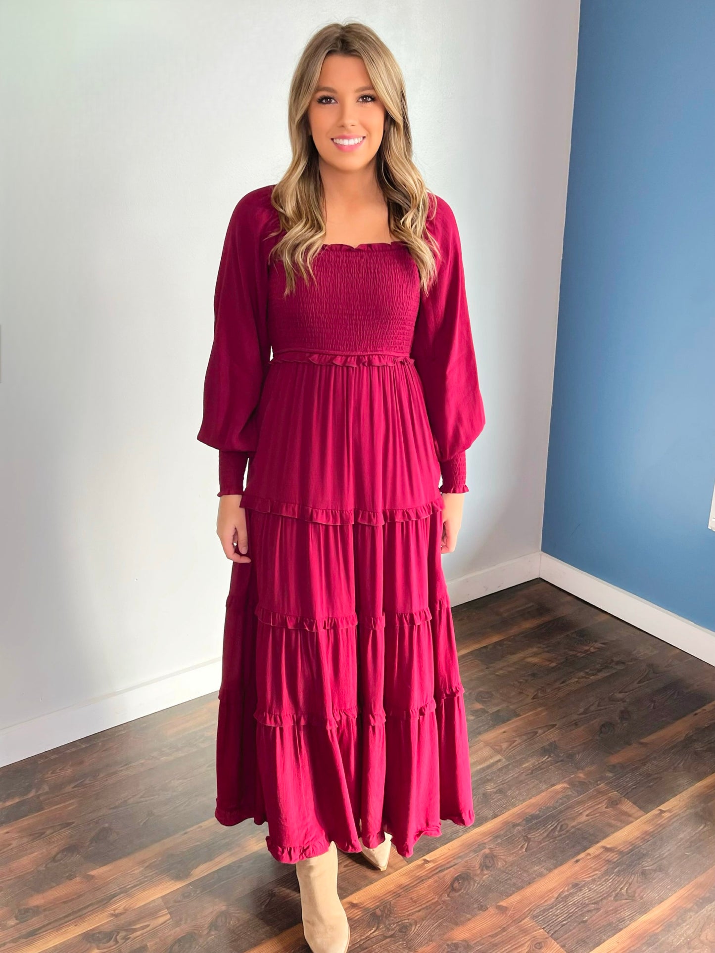 Joan Smocked Tiered Maxi Dress | Cherry Merlot