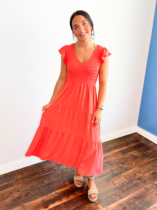 Hayden Flutter Sleeve Midi Dress | Coral