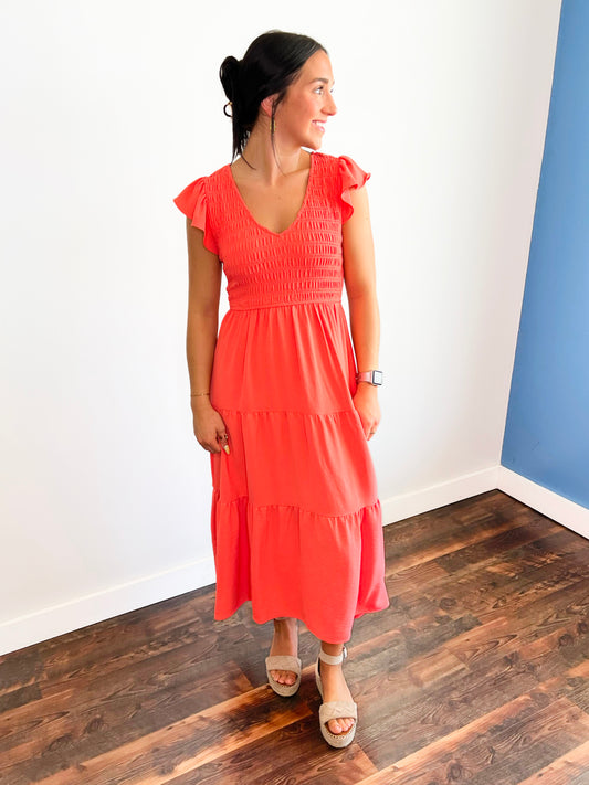 Hayden Flutter Sleeve Midi Dress | Coral