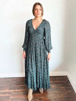 Benson Smocked Floral Maxi Dress | Dark Forest Green