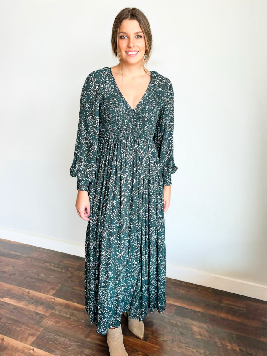 Benson Smocked Floral Maxi Dress | Dark Forest Green