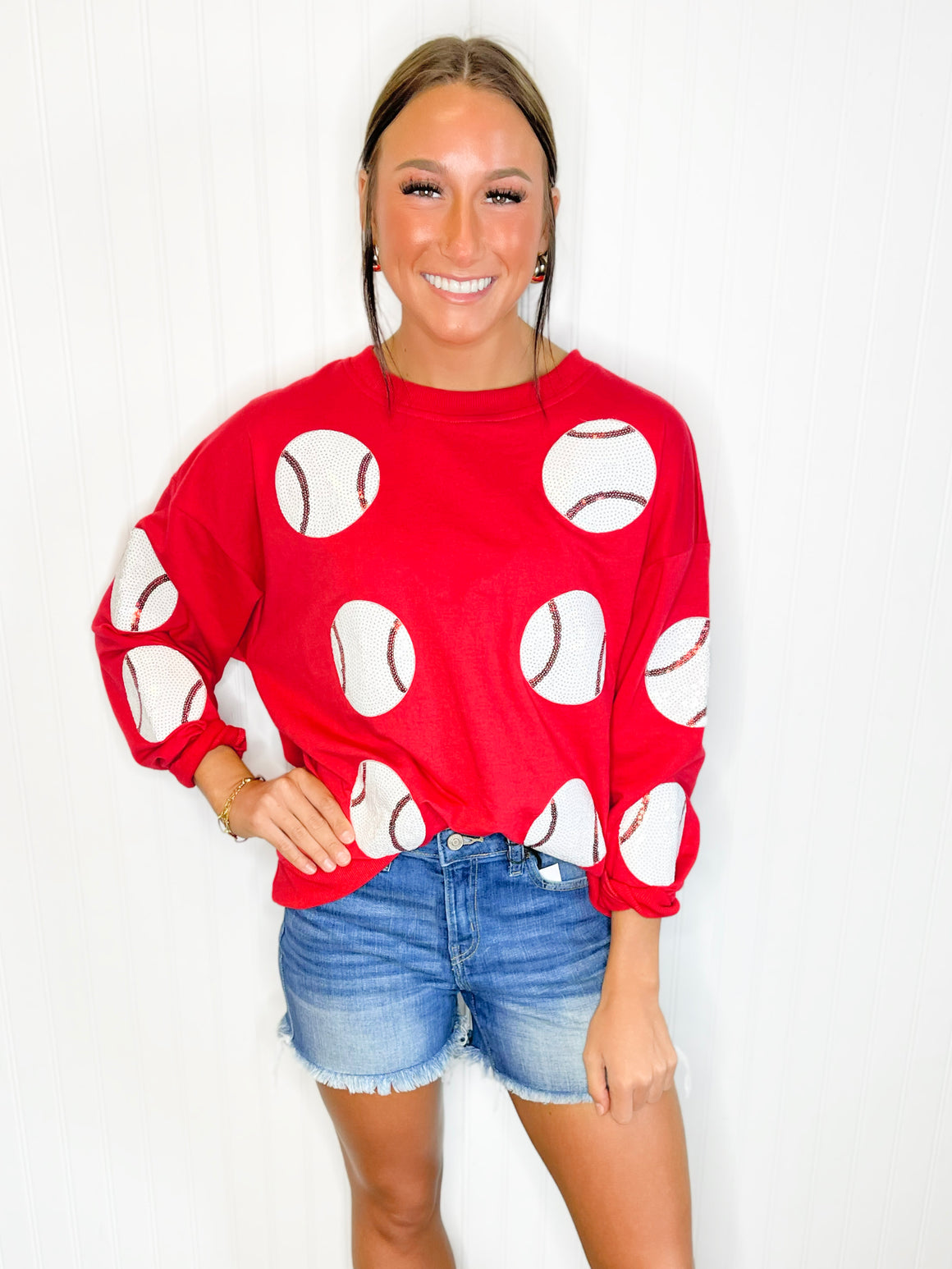 Sequin Baseball French Terry Pullover | Red