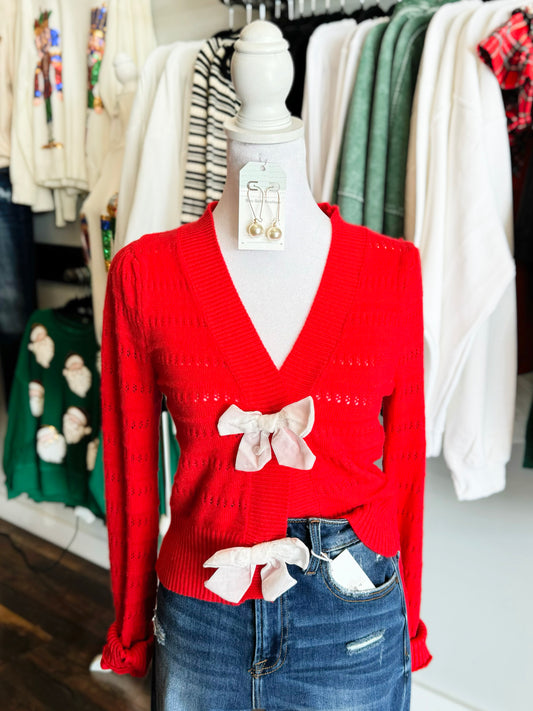 Owen Bow Front Sweater Cardigan | Red