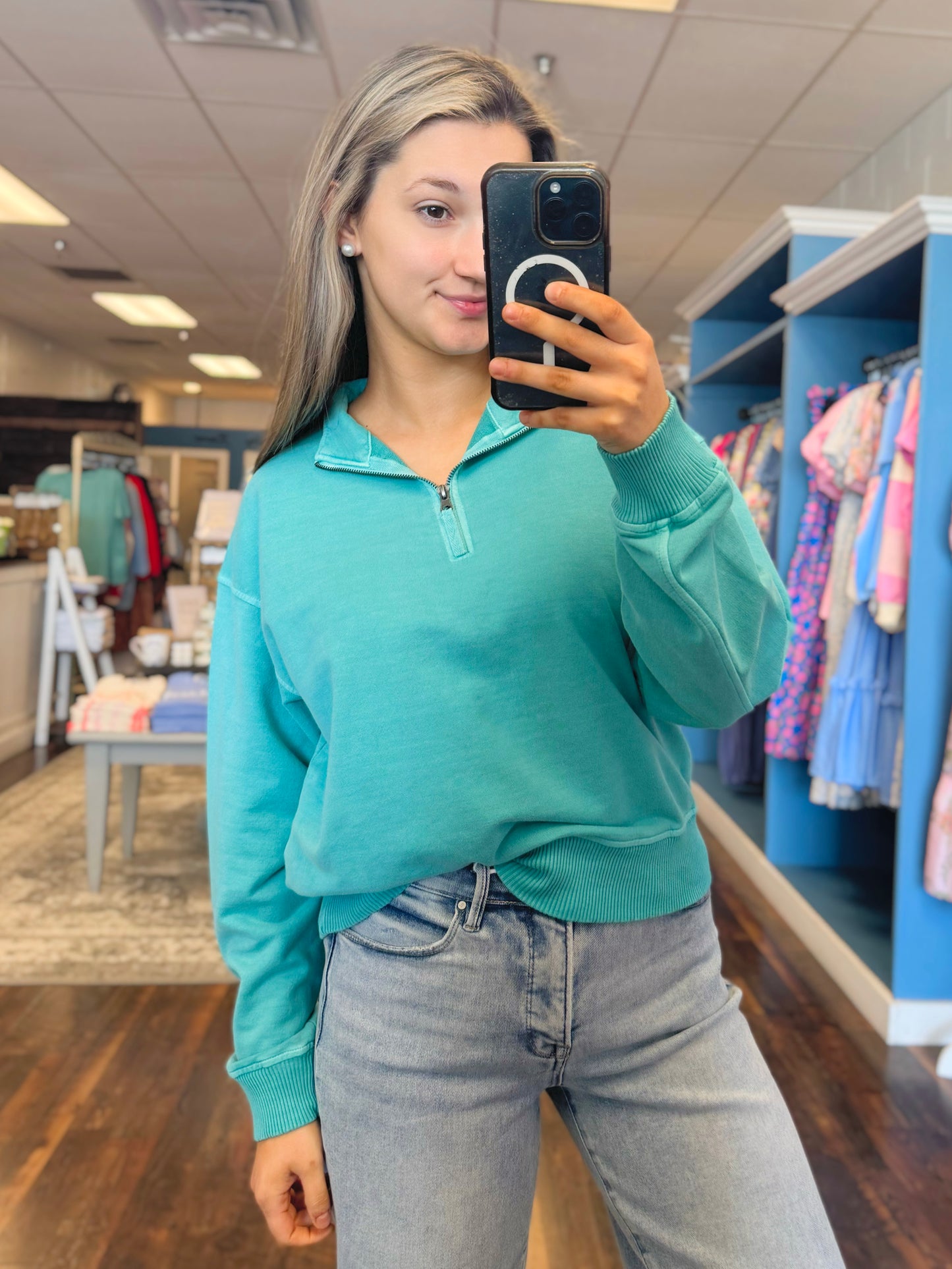 Abigail Washed Half Zip Top | Turquoise