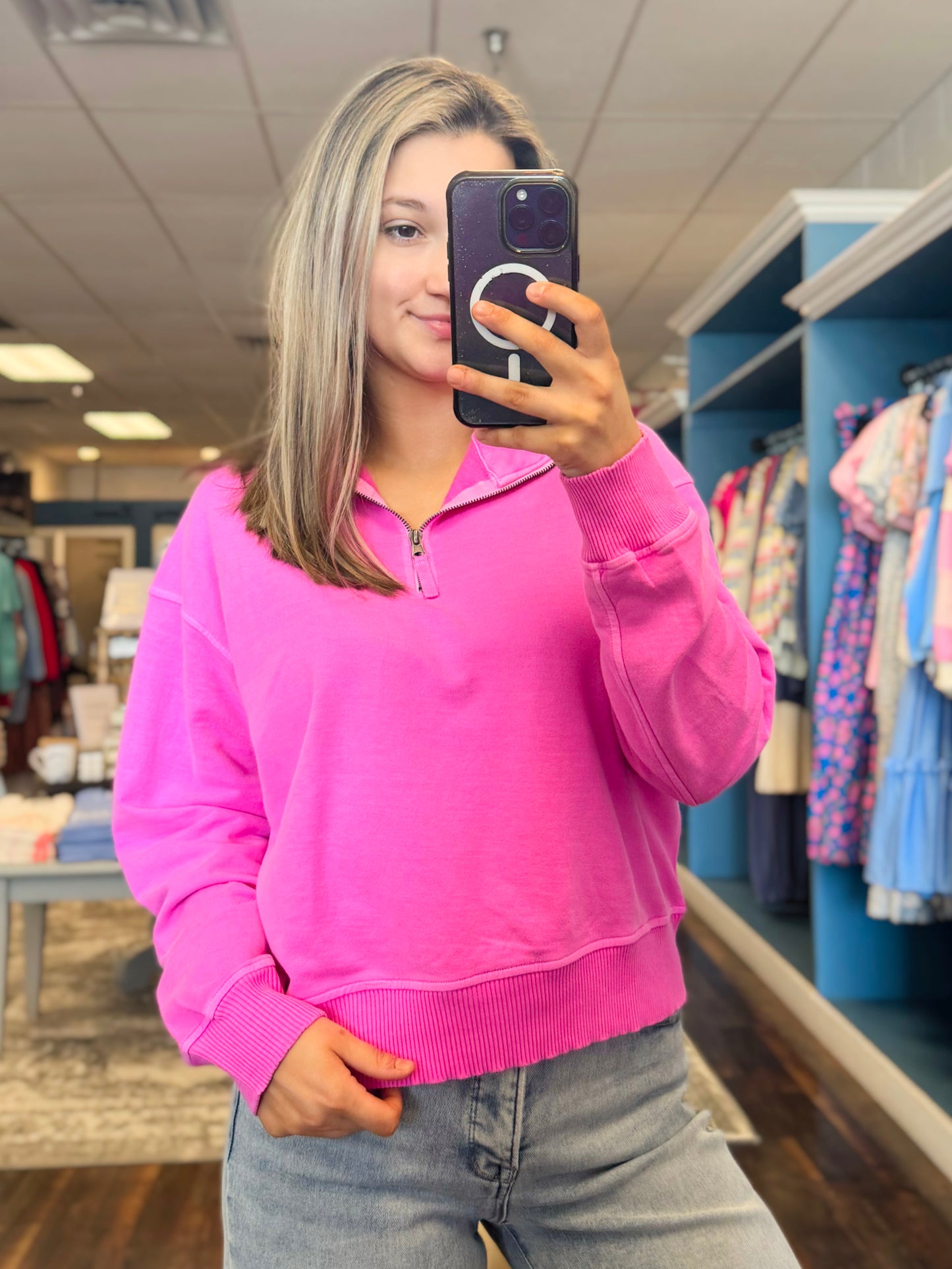 Abigail Washed Half Zip Top | Neon Pink