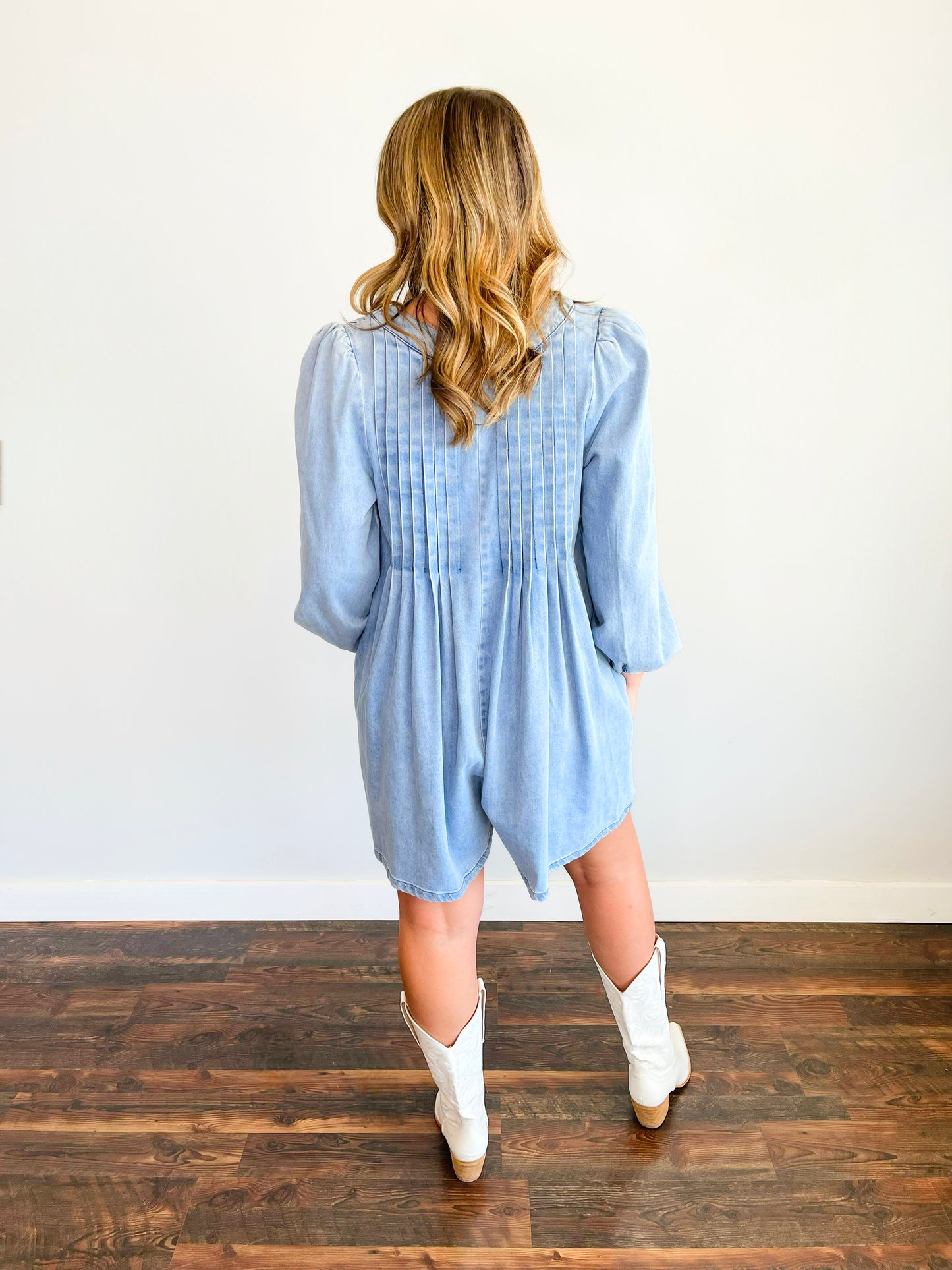 Olivia Pleated Front Denim Romper