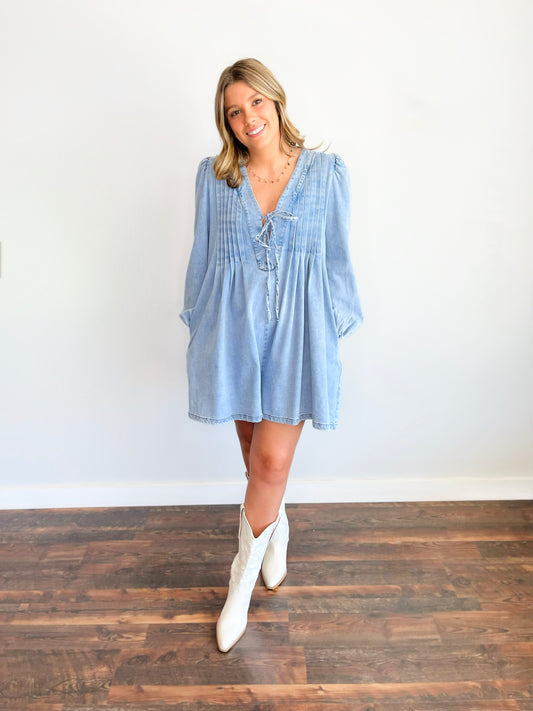 Olivia Pleated Front Denim Romper