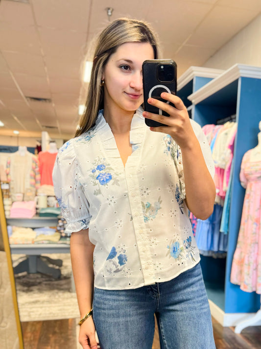 Sonia Floral Eyelet Button-Down Top