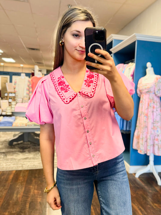 Emily Embroidered Collared Button Down Top