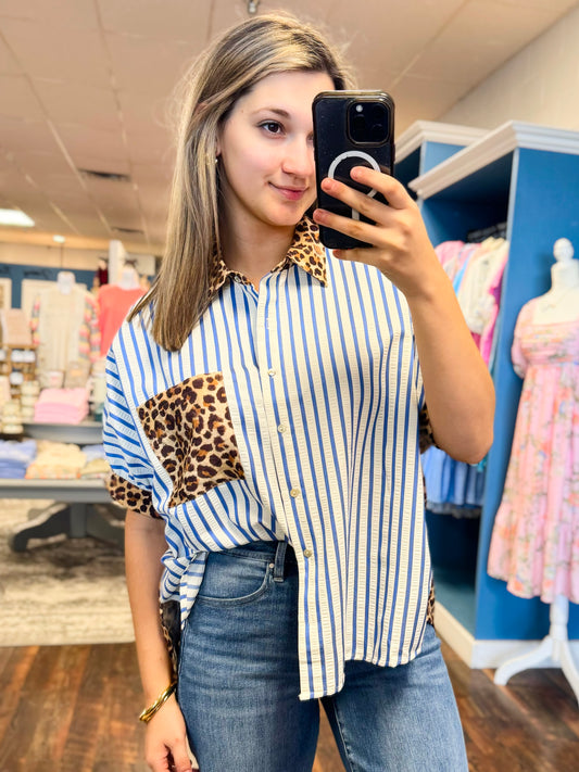 Lena Seersucker and Leopard Print Button Down Top