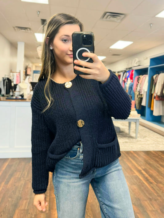 Reagan Large Button Ribbed Cardigan | Navy