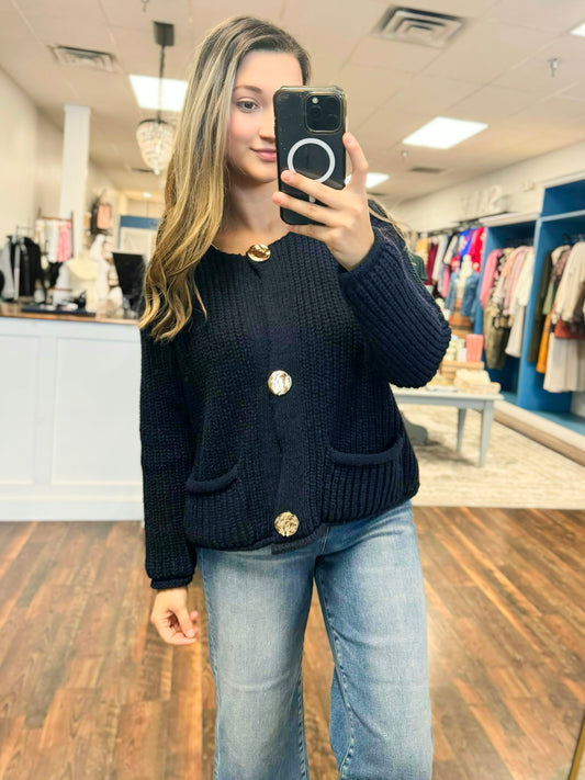 Reagan Large Button Ribbed Cardigan | Navy