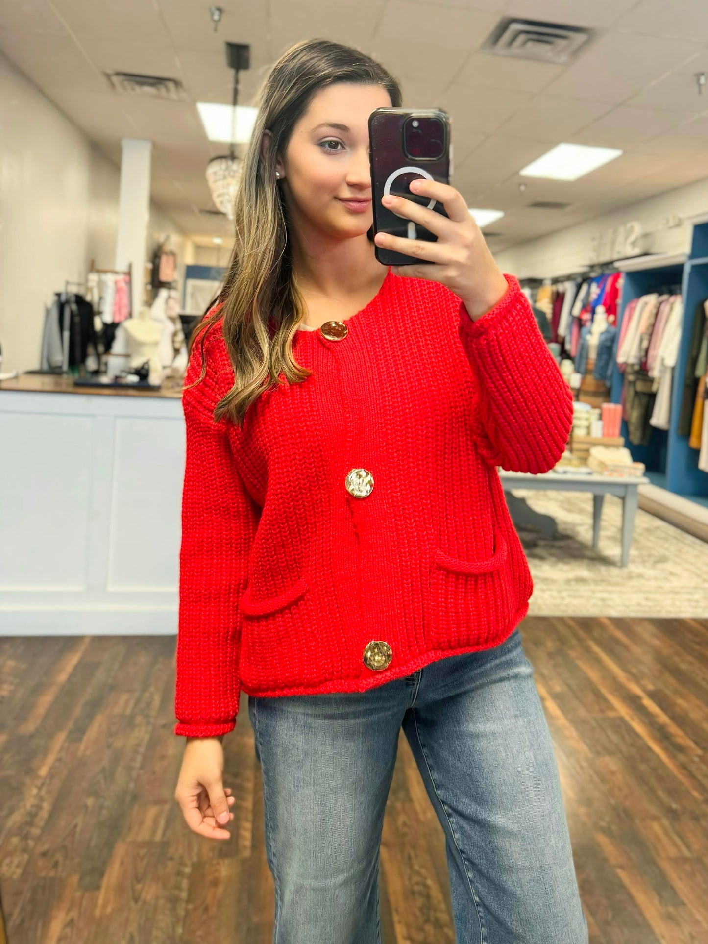 Reagan Large Button Ribbed Cardigan | Red