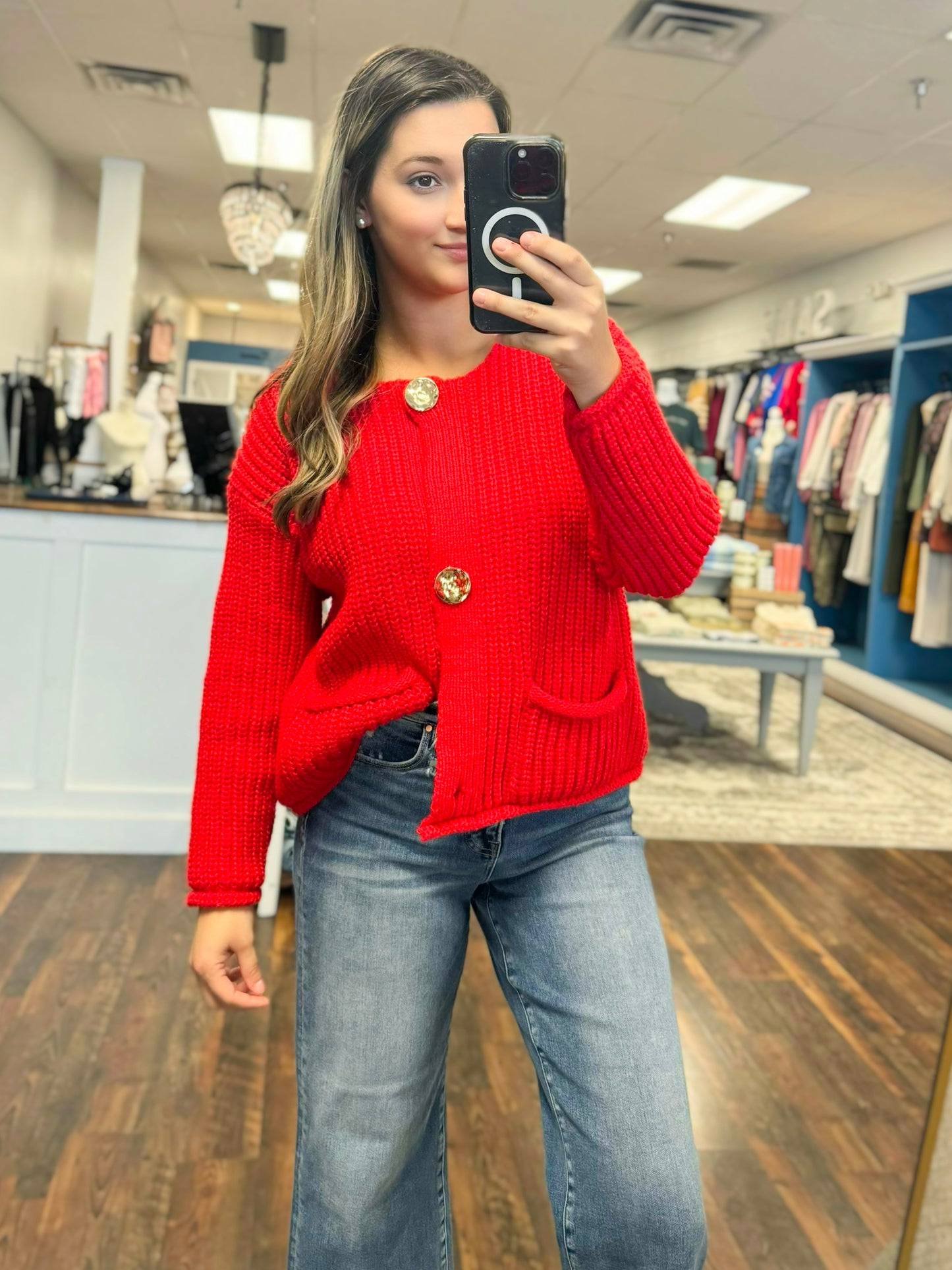 Reagan Large Button Ribbed Cardigan | Red