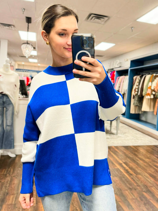 Andi Checkered Sweater | Royal Blue