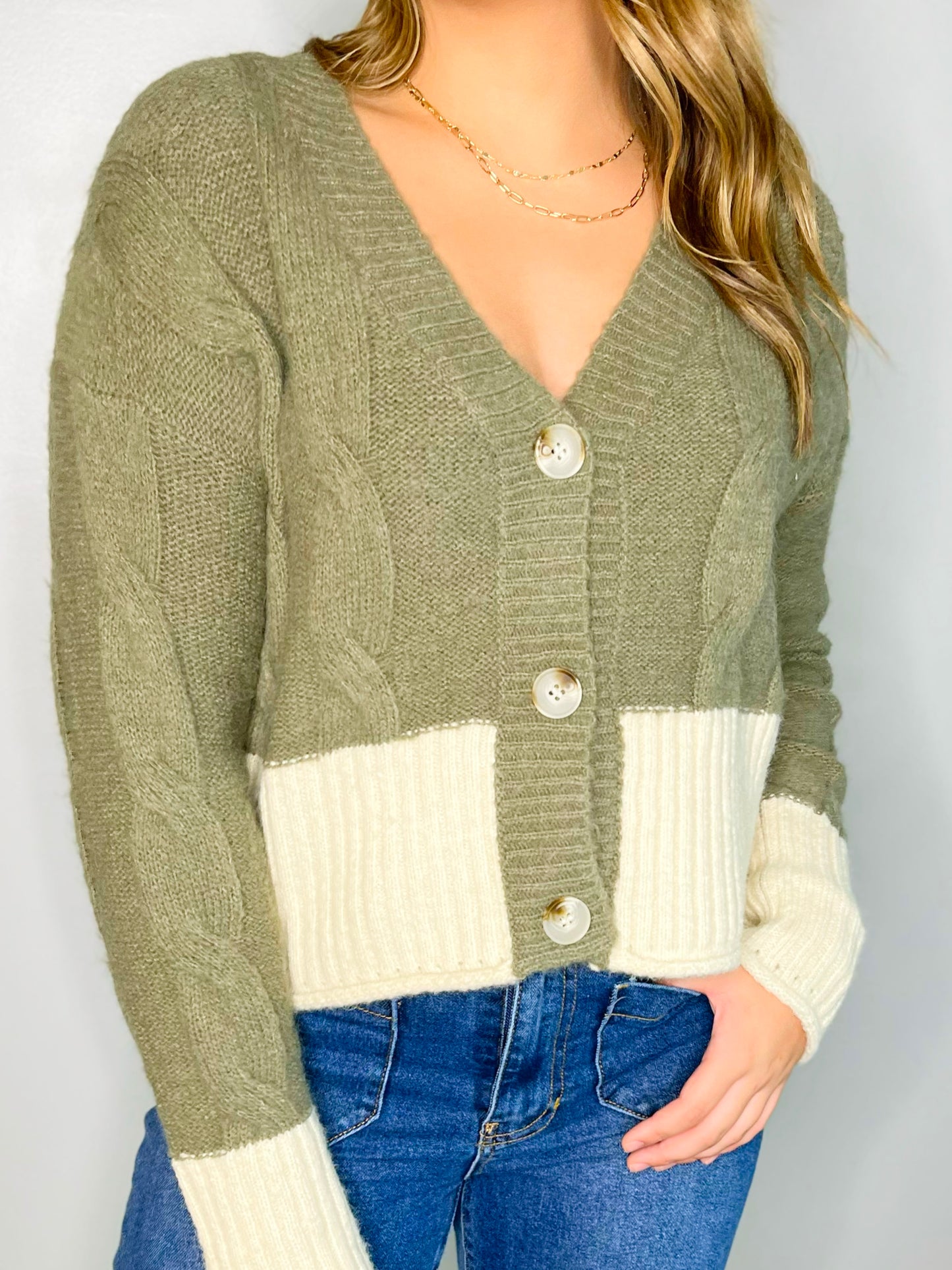 Justine Colorblock Cable Knit Cardigan | Olive/Oatmeal