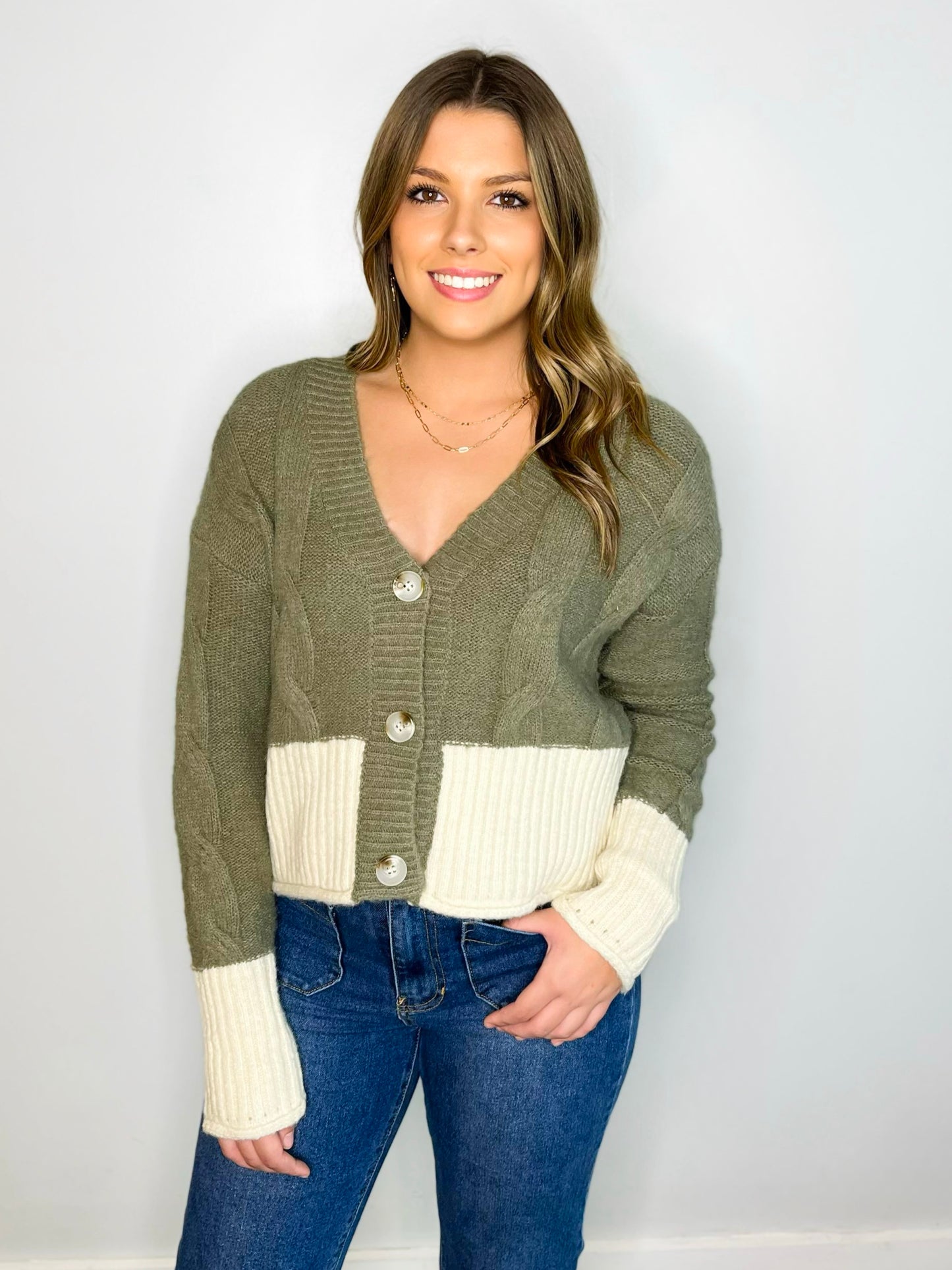 Justine Colorblock Cable Knit Cardigan | Olive/Oatmeal