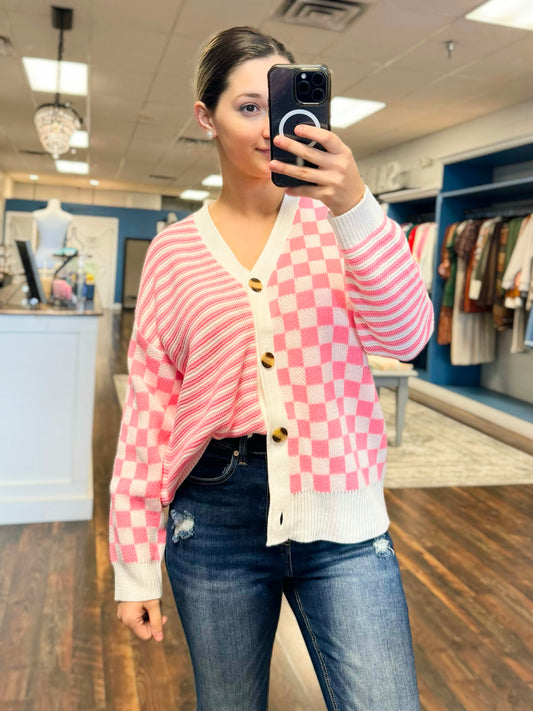 Ronnie Checkered Stripe Cardigan | Pink