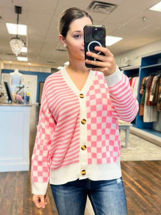 Ronnie Checkered Stripe Cardigan | Pink