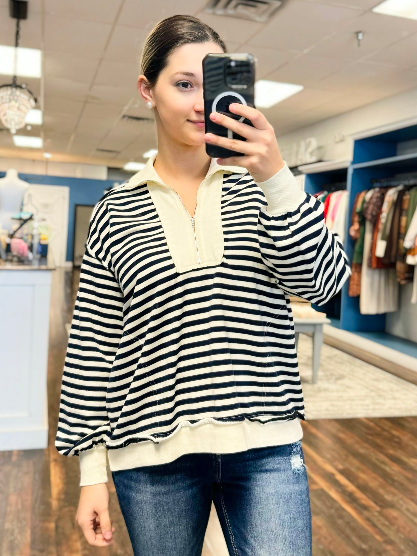 Zora Striped Quarter Zip Top | Navy